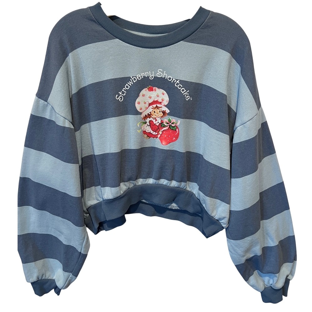 Strawberry Shortcake Striped Cropped Pullover Sweatshirt - Size Large